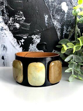 MishaGirl One of a Kind Black Patent Leather Bracelet Cuff with Jade Stone Beads